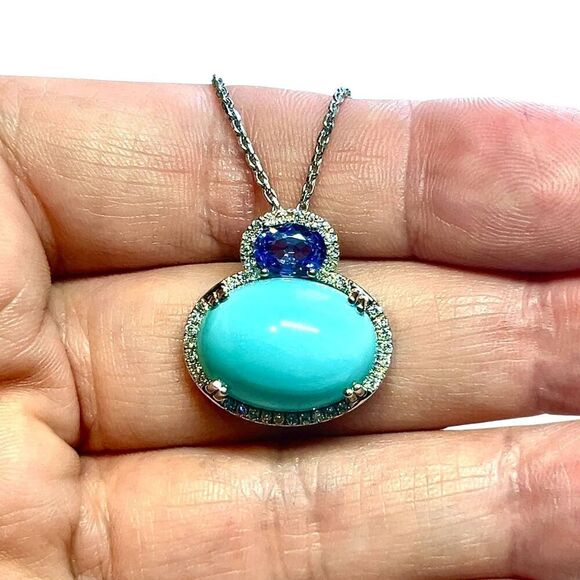 Turquoise Sapphire Diamond Necklace 17" 14k 19.03 TCW Certified $6,950 311694 - Picture 10 of 15